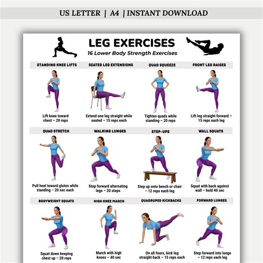Leg Exercises Printable Chart, Lower Body Workout Poster, Leg Workout Exercises, Fitness Exercise Chart, Home Workout Printable - Etsy