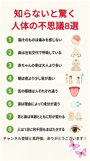 知らないと驚く人体の不思議8選 #人体の不思議 #健康雑学 #体の仕組み #人体 #健康 #シニア健康 #60代 #70代 #脳 #鼻 #骨 #涙 #まばたき #雑学 #Shorts