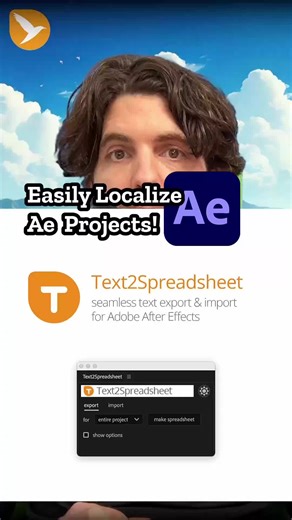 Need to translate an After Effects project into multiple languages? Text2Spreadsheet exports all your project text into a spreadsheet: Column A = original text Column B = German Column C = French (or any language you need) Then you can swap the language in your AE project with one click. One important thing to watch out for: This works best when each text layer uses one single text style. If you have per-word styling (different colors, sizes, fonts), put those styled parts on separate layers — s