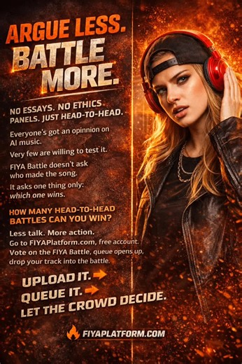 Go to FIYAPlatform.com — make free account. Vote in the FIYA Battle. When the queue opens, drop your track in. Upload it. Queue it. Let the crowd decide. #FIYABattle #AIMusic #MusicBattle #IndieArtists #LetThePeopleDecide