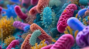 A vivid 3D rendering showcases an array of colorful bacteria and microorganisms, illustrating their diverse shapes and structures. The image provides a close-up look at microscopic life, ideal for