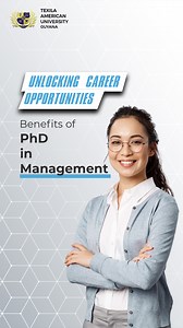 Unlocking Career Opportunities: Benefits of a PhD in Management at TAU Watch Full: https://youtu.be/hysrBtrL1kE Looking to advance your career and unlock top-level opportunities? Explore the PhD in Management program at Texila American University, designed to equip you with advanced expertise in leadership, organizational behavior, and strategic decision-making. Ready to take the first step? Visit https://tau.edu.gy/ to learn more and apply today! #PhDinManagement #TexilaAmericanUniversity #Care