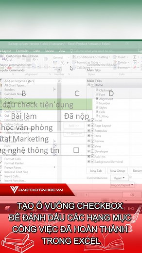 Tạo ô vuông checkbox để đánh dấu các hạng mục công việc đã hoàn thành trong Excel #daotaotinhoc #tinhocvanphong #excel | Đào Tạo Tin Học VnetMedia