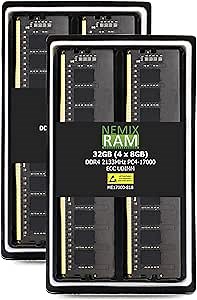 NEMIX RAM 32GB (4X8GB) DDR4 2133MHZ PC4-17000 1Rx8 1.2V 288-pin ECC Unbuffered UDIMM Memory KIT