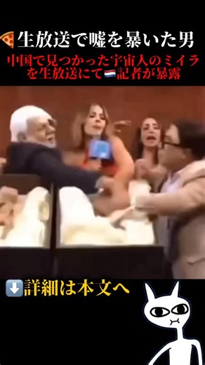 ピザ猫の眠れない夜NEWS📺 | 【内容解説】 中国で発見され、世界中を騒然とさせた「エイリアンのミイラ」。 多くの専門家が沈黙を守る中、生放送中に前代未聞の事件が起きました。 登壇したオランダ人ジャーナリストが、突如としてその死体に『噛み付いた』のです。... | Instagram