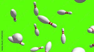 Bowling background. Falling white and red bowling pins over green screen or chroma key. Rain of bowling pins across the screen.