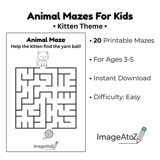 Easy Kitten Mazes for Kids - 20 Printable Mazes (ages 3-5) - Etsy