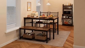 4-Piece Wood Farmhouse Dining Table Set with Bench and Chair, Kitchen Table with Built-in Storage Shelves, Space-Saving Rectangular Table Set for 4, Perfect for Apartments & Small Spaces, Gray