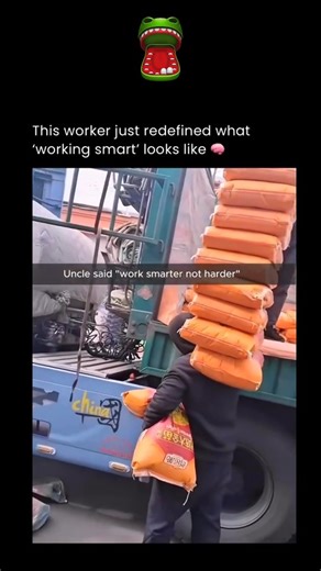 Trending hub !!! on Instagram: "He’s not just unloading bags — he’s defying logic. One by one, the heavy sacks pile higher, stacked across his shoulders and back with impossible balance. Most workers take one, maybe two at a time. But this man? He’s turned labor into strategy. Each movement is calculated — a shift of weight, a tilt of the spine, a step that keeps gravity on his side. It looks risky, even reckless, but it’s also genius in motion. He’s not wasting time with trips back and forth; h