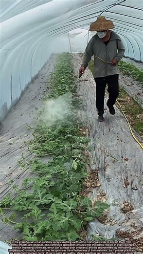 Greenhouse Seedling Protection: Man Applies Pesticides for Healthy Growth