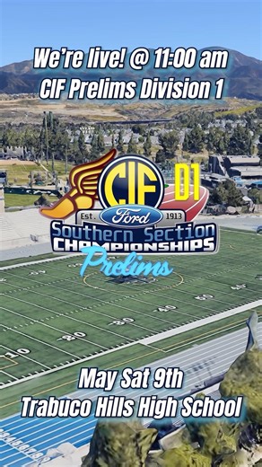 Join our Livestream of the CIF Prelims D1 at Trabucco Hills High School!! Click the video below!👇