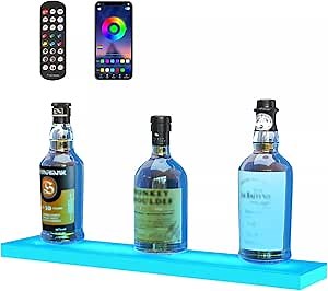VEVOR LED Lighted Liquor Bottle Display, 1 Tiers 16 Inches, Supports USB, Illuminated Home Bar Shelf with RF Remote & App Control 7 Static Colors 1-4 H Timing, Acrylic Lighted Shelf for 6 Bottles