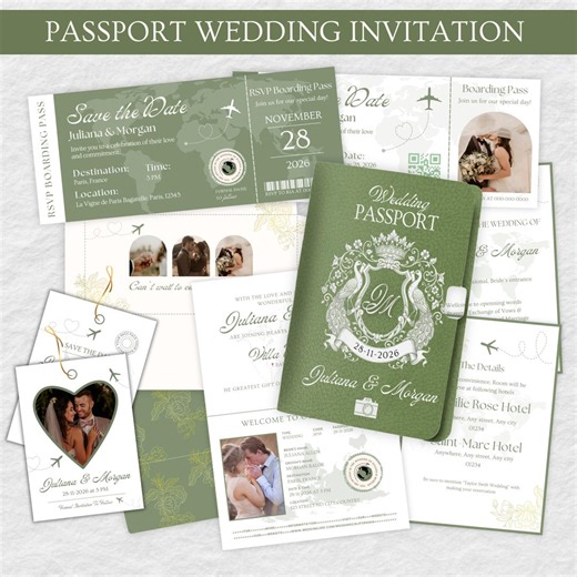 Printable Passport Wedding Invitation,sage Green and White Destination Wedding Invitation, Save the Date Boarding Pass, Travel Wedding Suite - Etsy