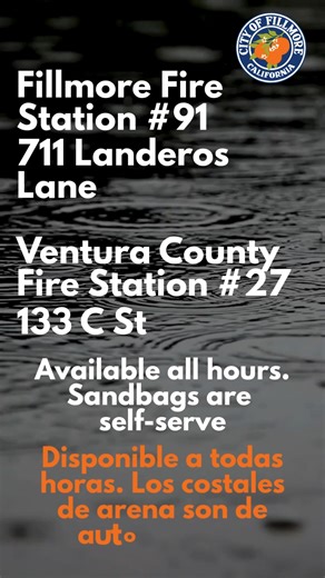 ⚠️ Storm Advisory The City of Fillmore is expecting rain starting tomorrow. Please remember to drive slowly, allow extra stopping distance, and stay alert for wet or flooded roads. Visit emergency.venturacounty.gov for updates on the storm. Sandbag Resources (Self-Serve): ➡️ Fillmore Fire Station #91 – 711 Landeros Lane, Fillmore ➡️ Ventura County Fire Station #27 – 133 C Street, Fillmore Stay safe, Fillmore. ____________________________ ⚠️ Aviso de Tormenta La Ciudad de Fillmore espera lluvia a