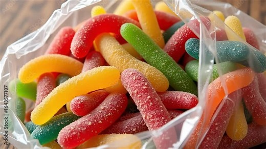 Vibrant gummy worms bursting with sour sugar in a clear plastic bag, a sweet treat