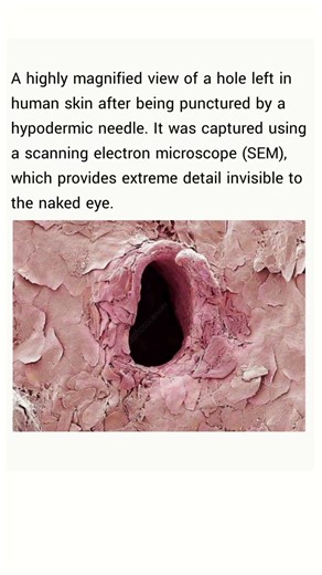 a highly magnified view of a hole left in human skin after being punctured by a hypodermic needle.