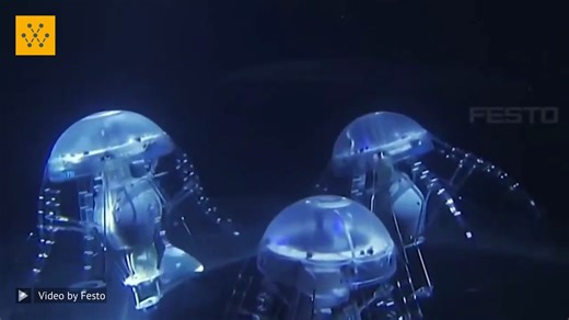 The robot consists of a translucent hemisphere, a central watertight body and eight tentacles for propulsion. AquaJelly’s translucent hemispherical dome houses an annular control board with integrated, pressure, light and radio sensors. ⁠ ⁠ The orientation of the propulsion system is constantly monitored by a processor. The control board also contains 8 white and 8 blue LEDs, which together with the sensors allow communication between several AquaJellies.⁠ ⁠ Image/video credits: Festo #tech #res