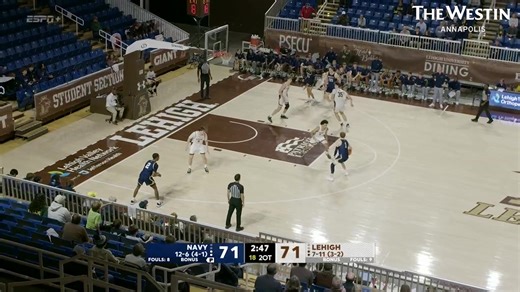 In their first double overtime game in nearly a decade, Navy men's basketball defeated Lehigh, 82-79, to move to 5-1 in Patriot League play this afternoon. Senior guard Austin Benigni matched a career-high with 34 points and played all 50 minutes, tied for the fifth-most minutes played in a game in program history. Senior center Aidan Kehoe totaled 21 points and a career-best 21 rebounds. It's the first 20-20 game for a Midshipman since David Robinson in 1987. The Mids return home to play Holy C