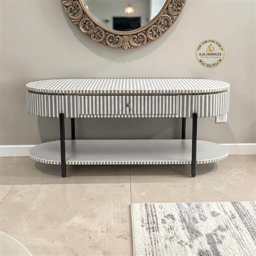 Bone Inlay Console Table | Handmade Striped Entryway Table with Drawer