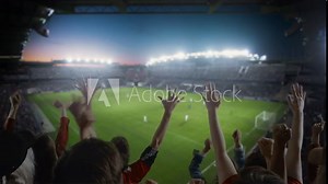 Establishing Shot of Fans Cheer for Their Team on a Stadium During Soccer Championship Match. Teams Play, Crowds of Fans Scream and Celebrate Victtory, Goal. Football Cup Tournament. Static Wide Shot