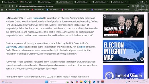 Judicial Watch Files Two New Lawsuits Over Sanctuary State Policies READ: https://www.judicialwatch.org/judicial-watch-sues-az-gov-for-records/ Judicial Watch filed an Arizona Public Records Law lawsuit against Gov. Katie Hobbs for records regarding her office reportedly ordering state police and the Arizona National Guard to withhold cooperation from federal immigration enforcement authorities. READ: https://www.judicialwatch.org/judicial-watch-sues-evanston-illinois-mayor/ Judicial Watch filed