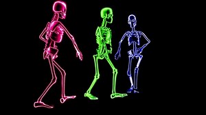 Colorful animated skeletons groove in synchronized dance routine