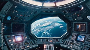 Video animation of interior view from a spacecraft’s cockpit, looking out onto Earth from orbit. The cockpit is surrounded by various control panels with screens, buttons, and readouts