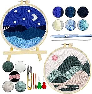 Amazon.com: 2 Pack Punch Needle Embroidery Beginner Kits，Punch Needle Tool Threader Fabric Embroidery Hoop Yarn Rug Embroidery Starter Kit with Instructions and Landscape Pattern, for Adults Kids Beginner