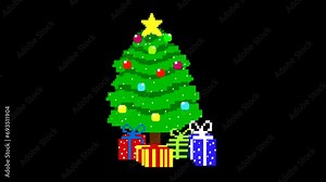 Animated Christmas scene in pixel art style with a Christmas tree on a black background.