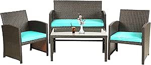 4 Pieces Patio Furniture Set Wicker Conversation Set Outdoor Furniture Brown Rattan Outdoor Chairs Loveseats with Blue Cushion Glass Table for Outdoor Indoor Use Poolside Lawn Porch Balcony Garden