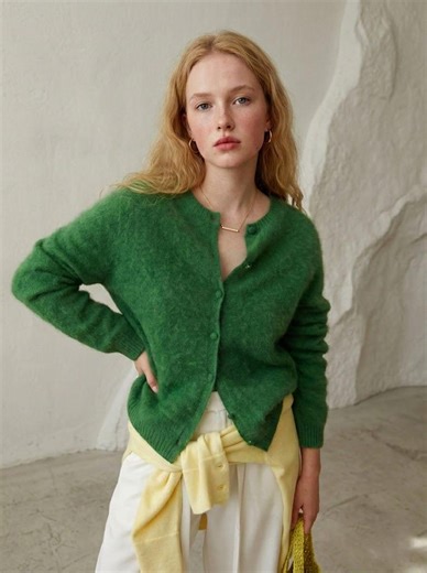 Green Mohair Cardigan, Fuzzy Wool Sweater, Crew Neck Button Down, Soft Winter Knitwear, French Retro Style Minimalist Top Cozy Gift for Her - Etsy
