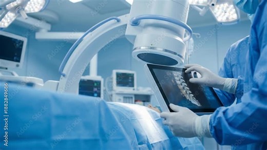 Surgery technology robotic telesurgery advanced hospital operating room with medical team focus spinal procedure using monitor guide for precise