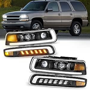 Projector LED Headlights Assemblies with bulbs, Compatible with Chevy Silverado 99-02 1500 2500/ Silverado 01-02 1500HD 2500HD 3500/Tahoe Suburban 00-06 1500 2500, DRL Turn Signal Hi/Low Beam