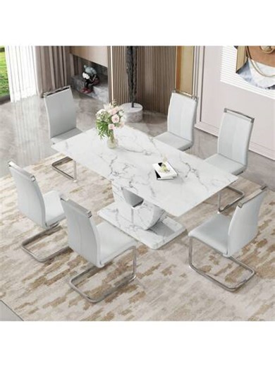 71'' Modern Dining Table Set For 6, White Rectangular Faux Marble Kitchen Table With Sturdy Base & 6 PU Leather Upholstered Chairs With Silver Metal Legs, Elegant Dining Set For Dining Room, Kitchen, Or Living Room, Easy To Clean & Assemble, Ideal For Home Decor, Holiday Gatherings, Spring Refresh, Summer | SHEIN
