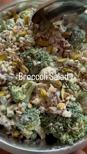Broccoli Salad. A crunchy refreshing veggie salad is the perfect side dish for any barbecue especially because this one is drenched in the perfect ranch dressing! You can load it up with whatever veggies you like but definitely don’t skip the broccoli !! Happy Labor Day !! 1 head broccoli florets 8 oz fresh peas 1 head cauliflower florets 3 ears corn kernels removed and roasted 1/2 lo bacon cooked chopped 1/2 c pistachios 1/2 c sunflower seeds Dressing 1 c mayonnaise 1/3 c ranch dressing 1/3 c h
