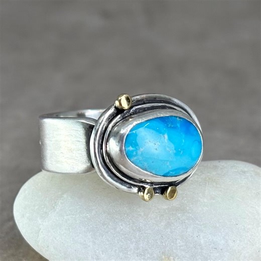 Size 8 Blue Ridge Turquoise Ring: Sterling Silver & 18k Gold, Mixed Metal East-west Setting, Hand Crafted - Etsy
