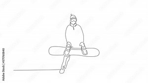 Animated self drawing of one continuous line draw young sporty man snowboarder holding snowboard board in alps snowy powder mountain. Winter lifestyle sport concept. Full length single line animation.