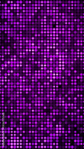 Purple and violet circular pattern with dark shadows and illuminated points. Digital dot grid texture background. Loop animation. Vertical video.