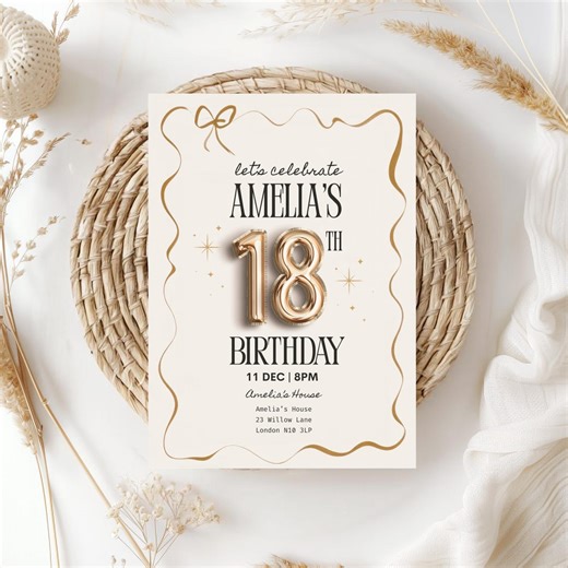 18th Birthday Party Invitation, Eighteen Birthday Invite, Birthday Party Invite, Eighteeth Party Invitation, Gold Elegant 18th Celebration - Etsy UK