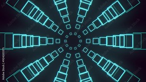 A vibrant, futuristic cityscape with sleek, rectangular buildings arranged in a circular pattern. Neon lighting adds a dynamic and energetic feel to the scene