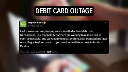 Regions Bank customers experience card rejections; service restored after several hours