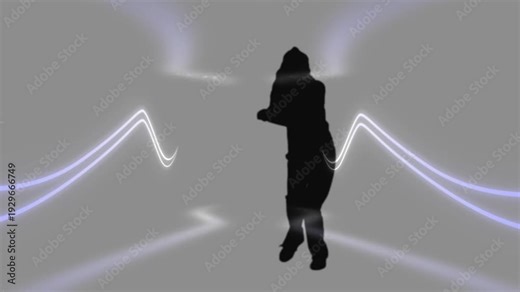 Female silhouette shifting and stepping, activating white purple waves, dancing for tech showcase