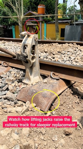 Watch how lifting jacks raise the railway track for sleeper replacement.