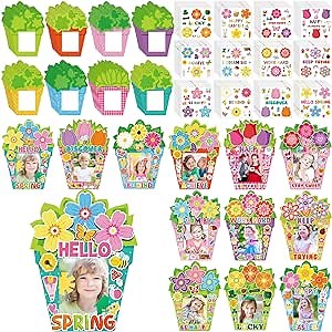 Pasimy 48 Set Spring Craft Kits for Kids DIY Picture Frame Craft with Stickers Spring Activities Floral Crafts Picture Frame Craft Gifts for Springtime Gift Craft Party Games Activities(Cute)