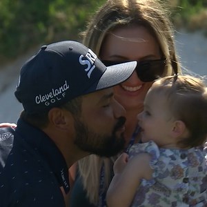 JJ Spaun celebrates his first win with his wife and daughter. ♥️ 147 starts later and Spaun claims No. 1 at the Valero Texas Open | PGA TOUR