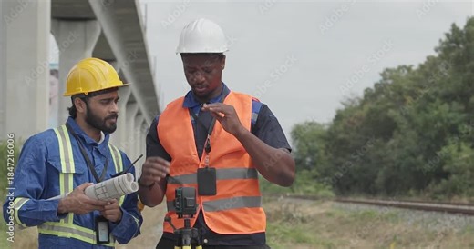 Engineer and field technician use tripod mounted laser meter to take precise measurements along railway tracks. Modern rail infrastructure development for low carbon, zero emission transportation