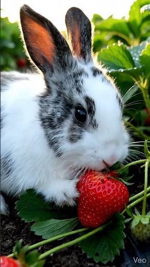 A white striped rabbit, eating delicious strawberries in a beautiful plantation