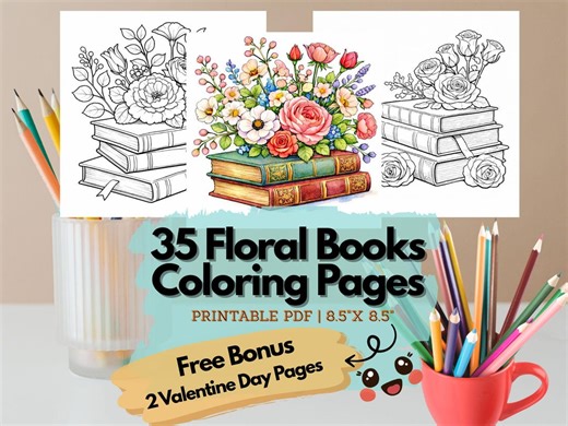 Floral Books Coloring Pages, Vintage Line Art (digital Download) - Etsy