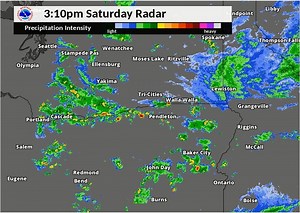 Showers and thunderstorms spreading from Washington into Oregon. Wind gusts of 30 mph possible with the line of storms. | US National Weather Service Pendleton Oregon