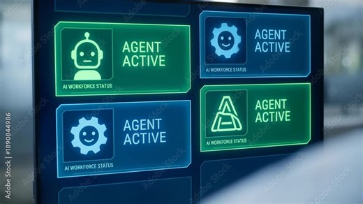 Ai agentic multi agent collaboration dashboard monitor interface with glowing panels for cyber security monitoring screen and network control modern